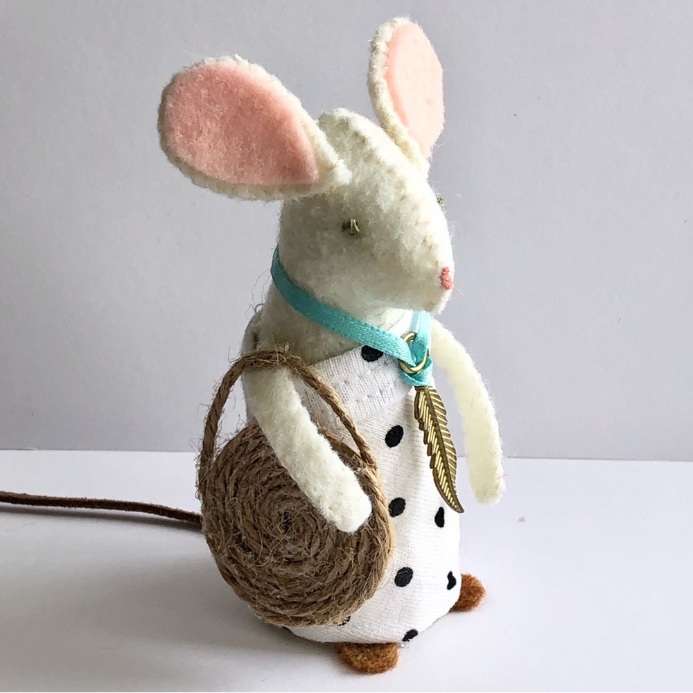 Boho Felt Mouse Art Doll hand-sewn straw bag brass feather shopping summertime